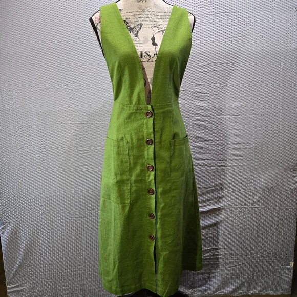 HYFVE Dresses & Skirts - HYFVE Plunge Button Front Pinafore Jumper Maxi Dress Linen Cotton Blend Size S